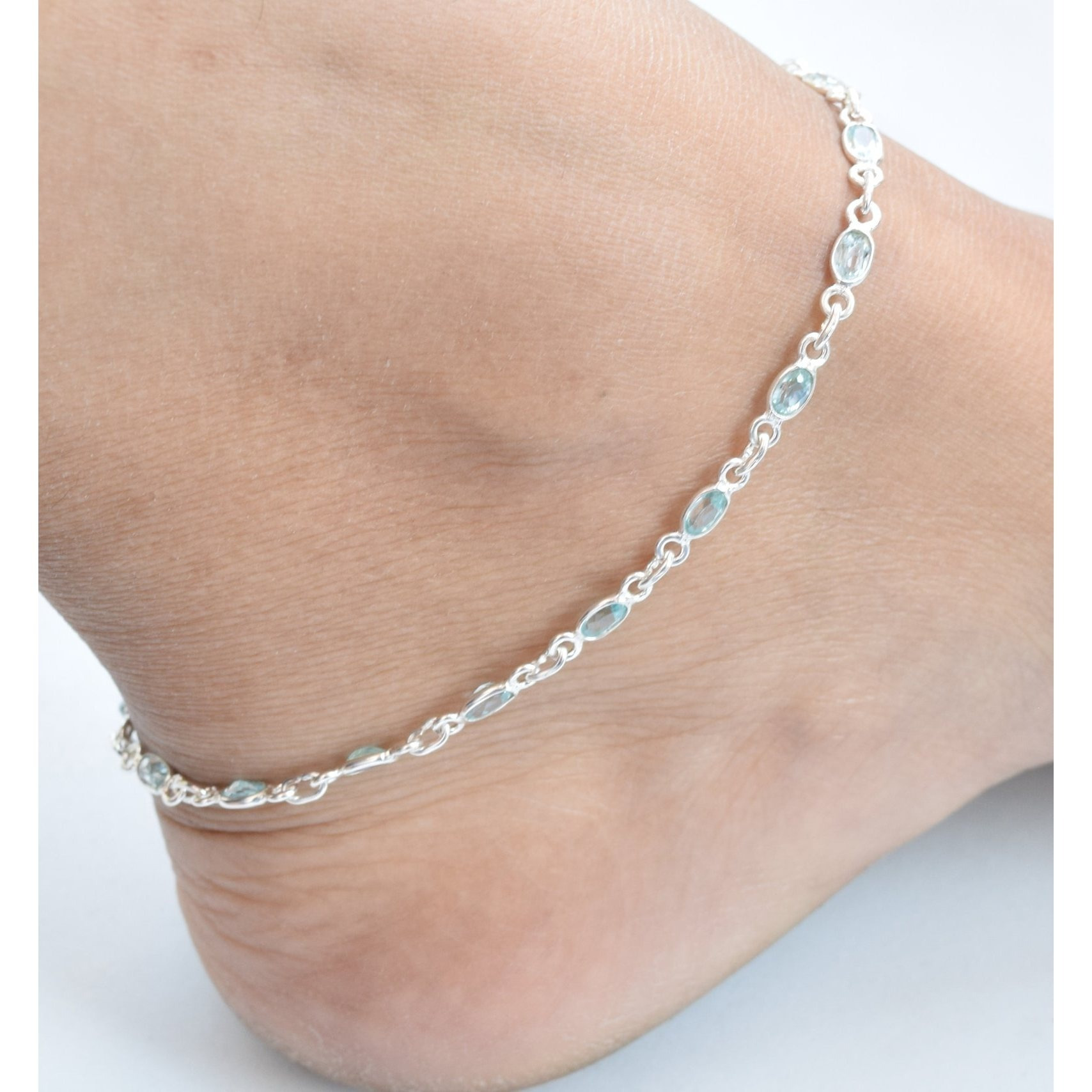 Women's 925 Sterling Silver Adjustable Natural Gemstone Anklet